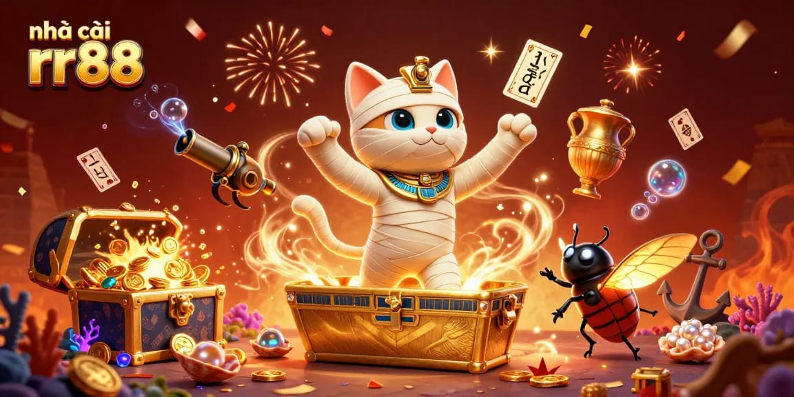 The vibrant scene illustrates the excitement of nhà cái rr88, featuring a mummy cat and glowing scarab in a rich casino setting.
