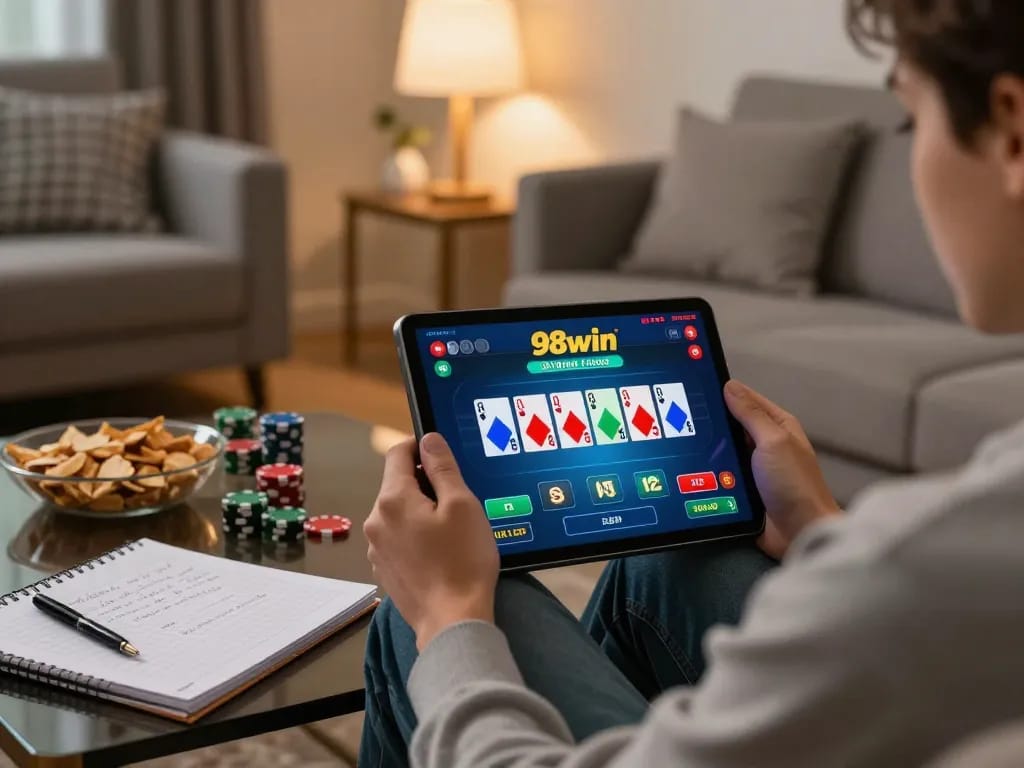 Player engaging with 98win poker game on tablet at home, showcasing strategy notes and cozy atmosphere.