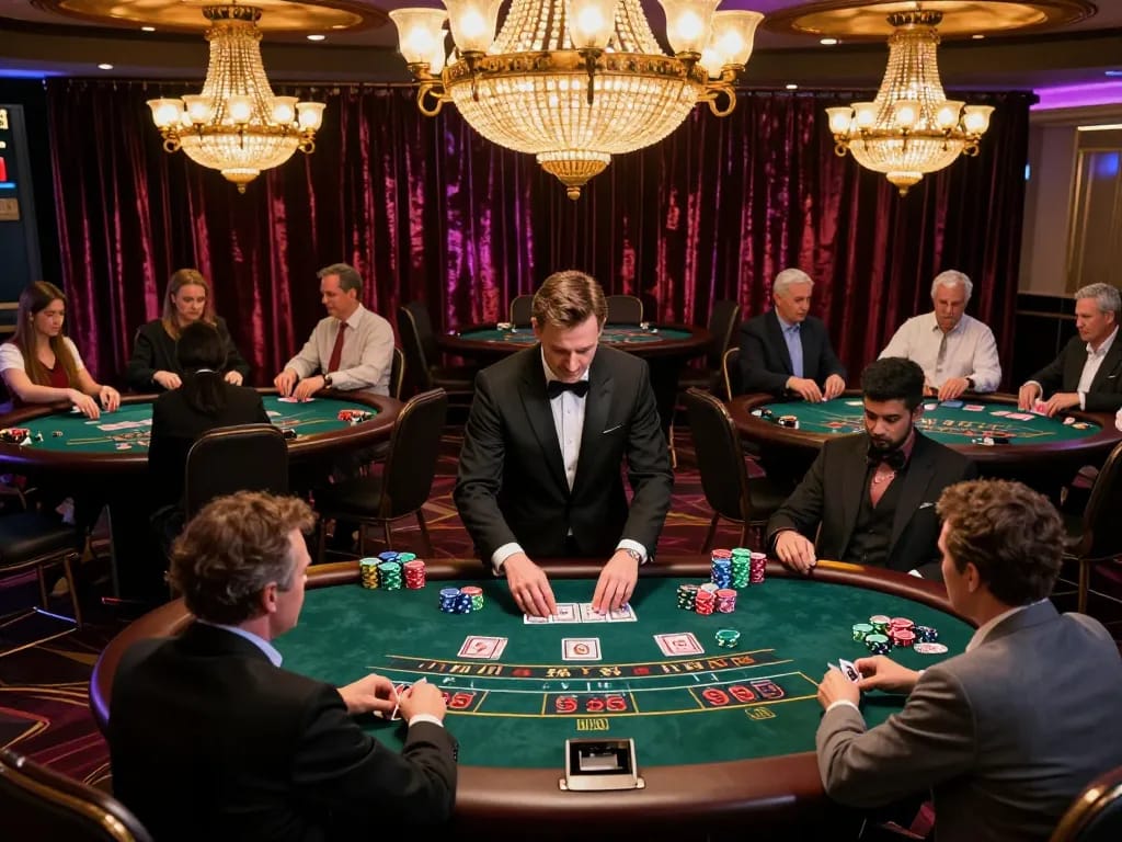 MAY88 blackjack game in progress with players engaged, vibrant casino atmosphere and warm lighting.