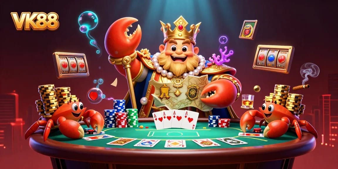 Engage in exciting gambling adventures with VK88's vibrant casino scene featuring a golden crab emperor.