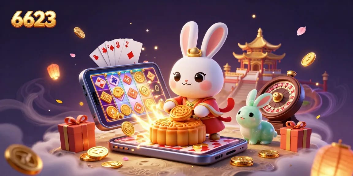 Engage with 6623, the vibrant world of online gaming, featuring lunar rabbits and casino elements.