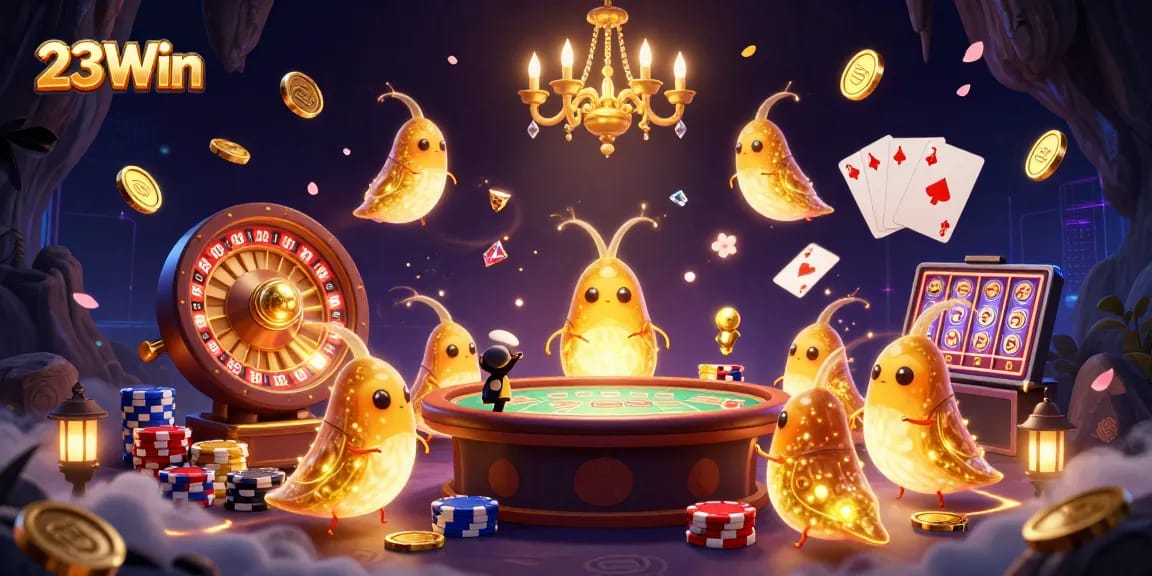 Experience thrilling gaming adventures with 23Win, as glowworms illuminate a vibrant casino scene