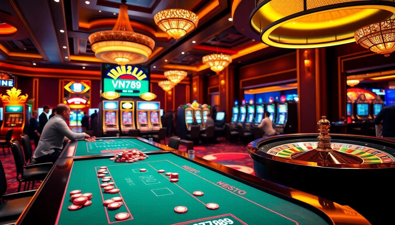 Experience thrilling gambling action at VN789 with vibrant casino tables and slot machines.