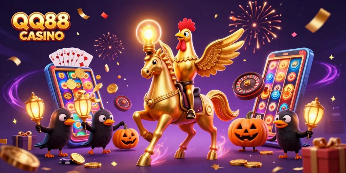 Experience the excitement of QQ88 CASINO with vibrant characters in a magical casino setting.