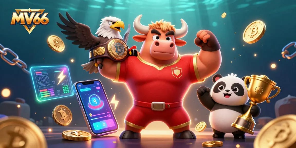 Experience the thrill of MV66 with a dynamic 3D scene of gaming mascots and crypto elements.