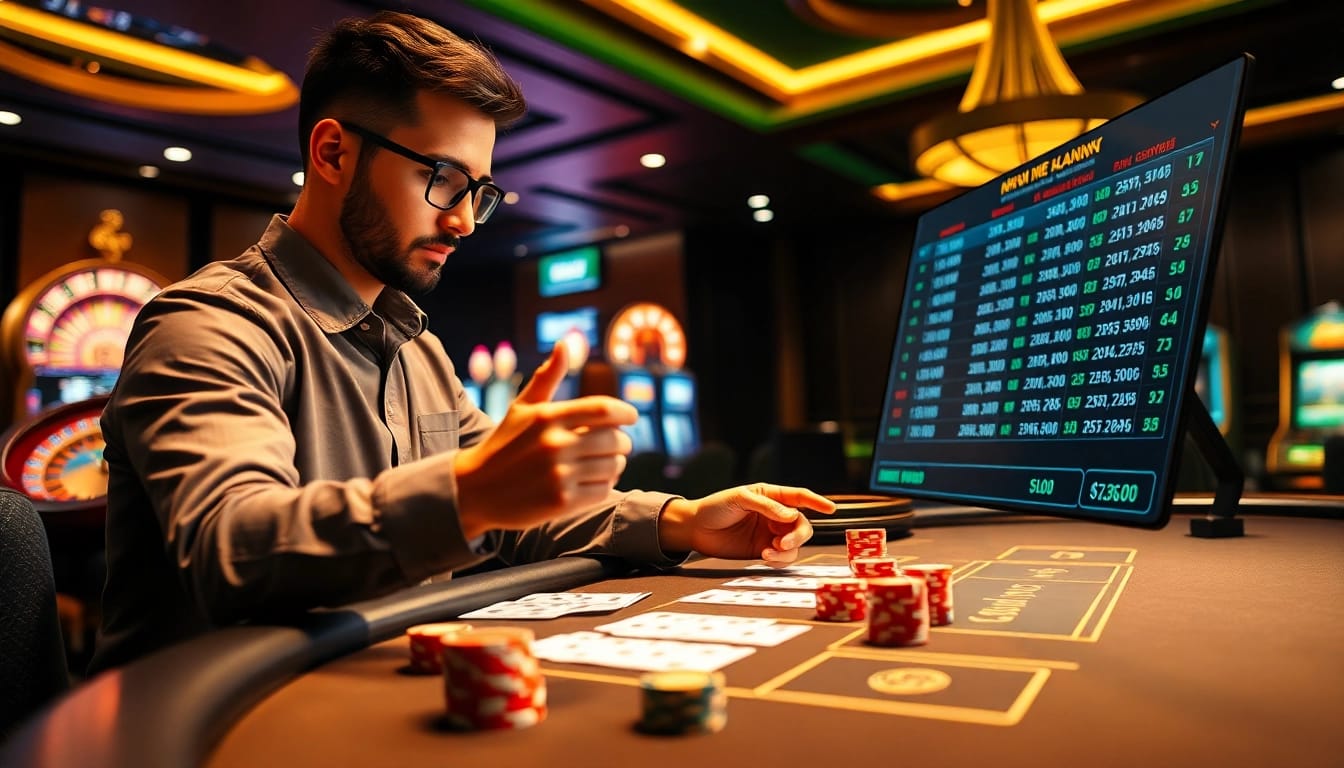 Professional gambler reviewing Nhận định kèo nhà cái on a sleek digital interface surrounded by casino elements.