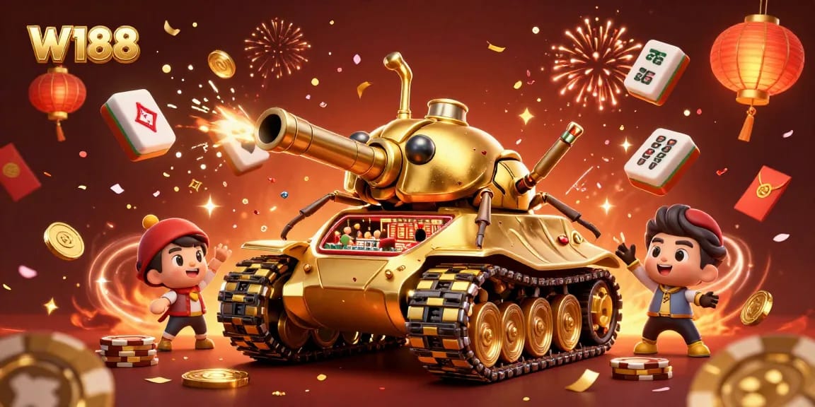 Engage with W188 in this vibrant 3D illustration featuring a golden beetle tank casino.