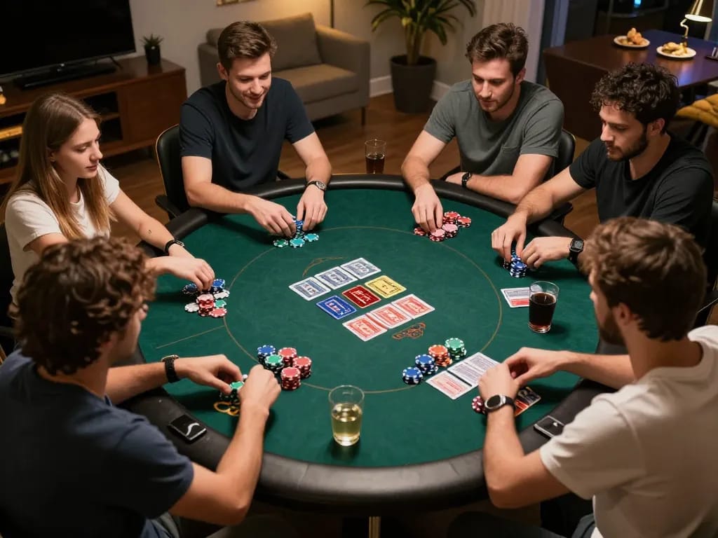 Experience Five88 online poker gameplay with friends around a table, highlighting excitement and strategy.