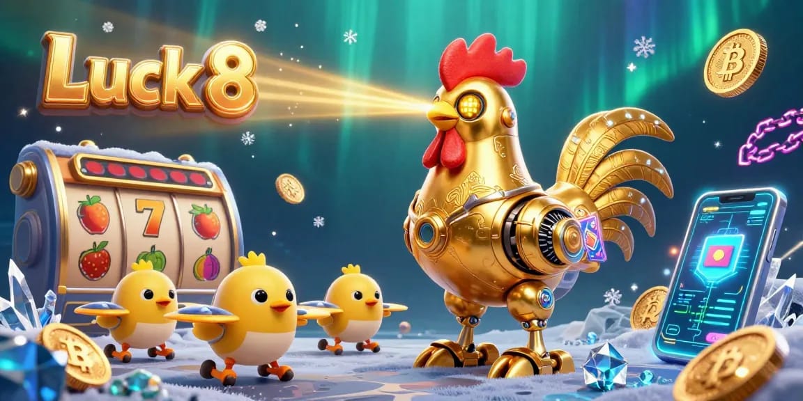 Engage with Luck 8's vibrant slot game world featuring a golden rooster robot and floating coins.