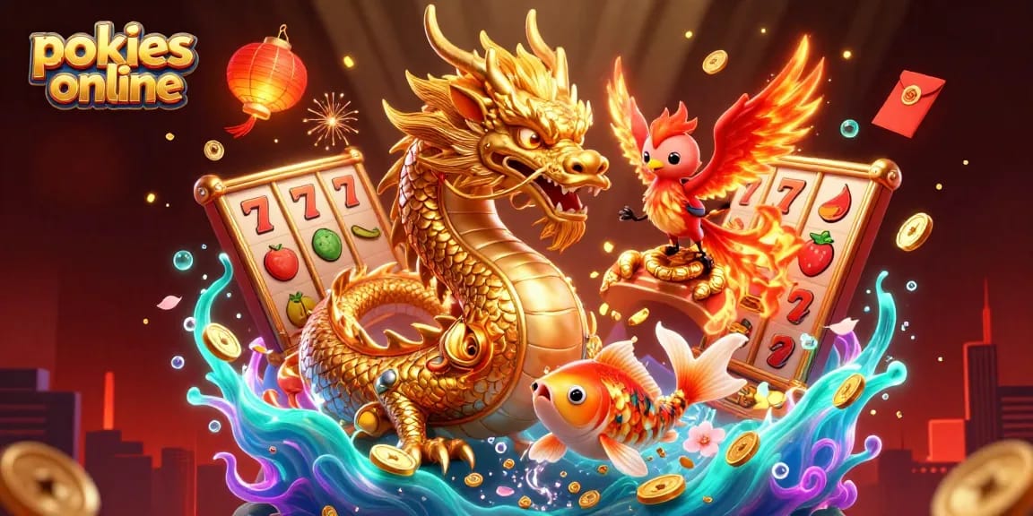 Spin for big wins with online pokies featuring a dragon, phoenix, and golden koi.