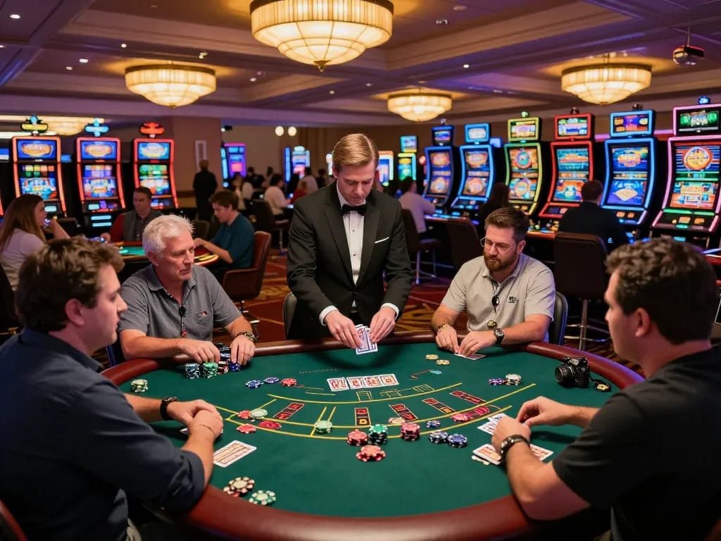 Players at a blackjack table engage with Co88-themed strategies amidst lively casino atmosphere