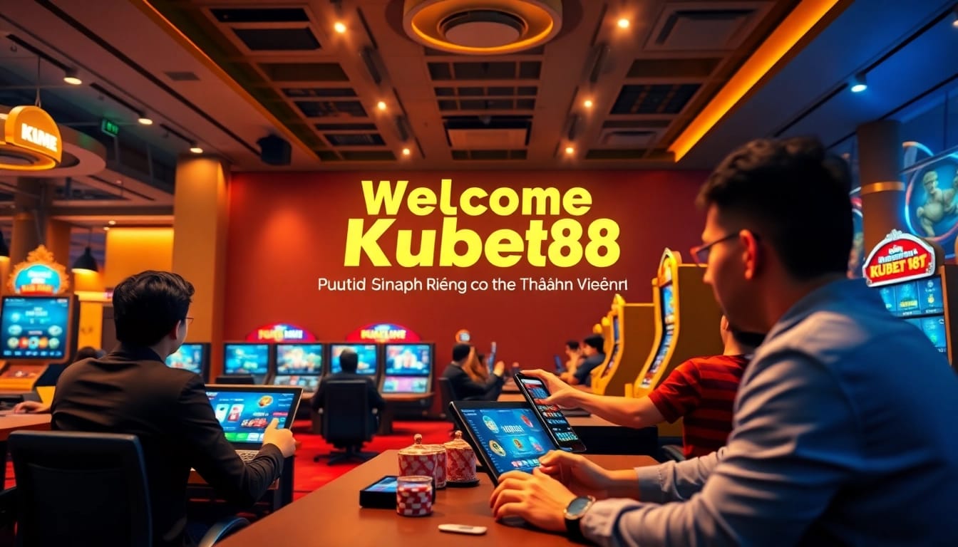 Khuyến Mãi Kubet88 – Ưu Đãi Vàng Dành Riêng Cho Thành Viên showcased in an inviting online casino setting, with players enjoying various games.