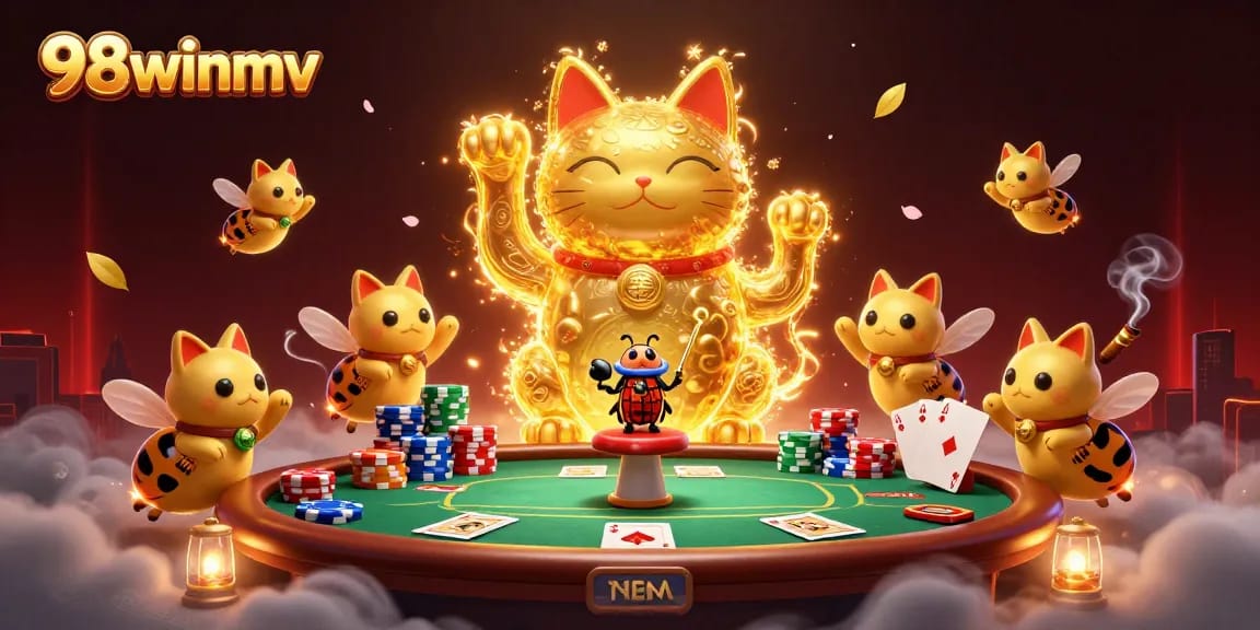 Engage with thrilling gameplay at 98winmv featuring golden fireflies and casino symbols.