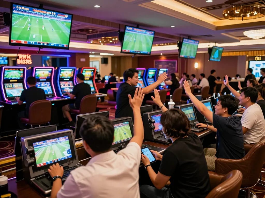 Engaged bettors reviewing tỷ lệ bóng đá in a bustling sports betting venue, vibrant screens showcasing live matches.