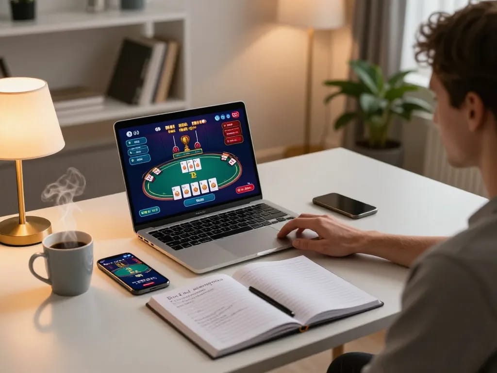 Player enjoying online poker gaming on hi88 with a laptop and smartphone in a cozy home setup.