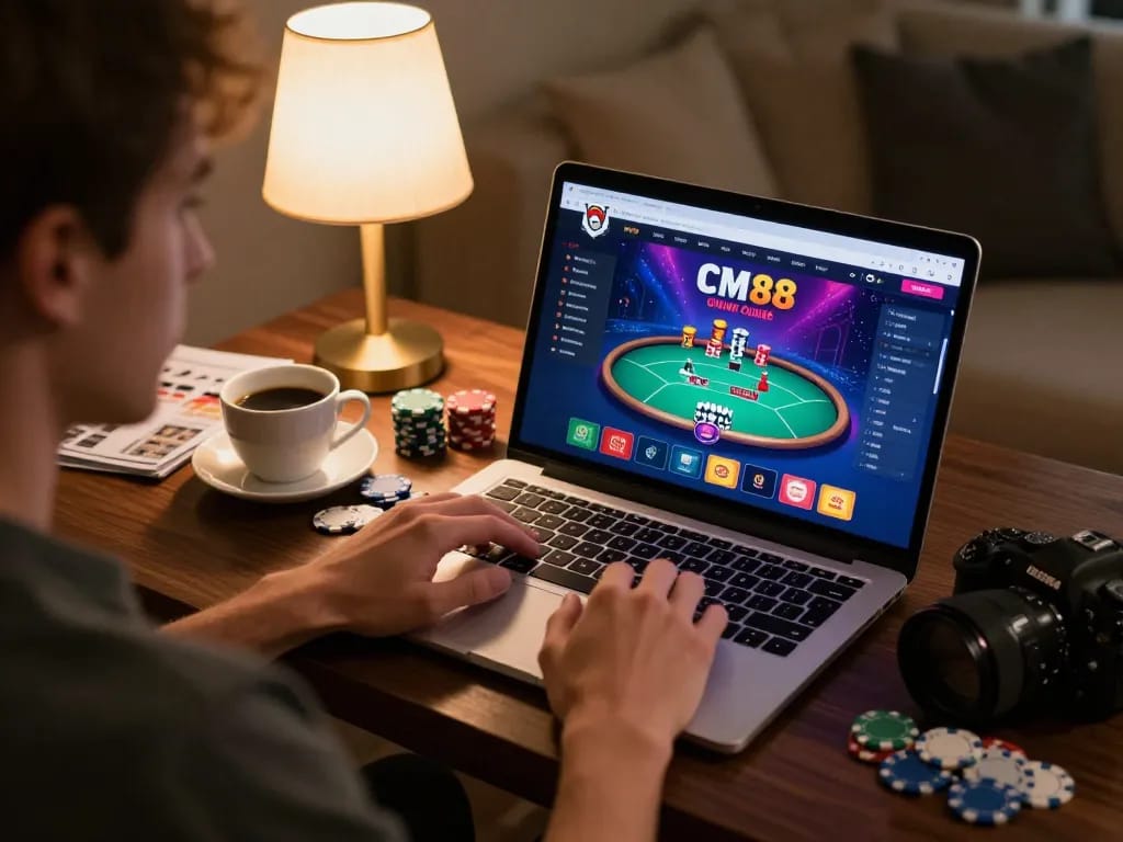 Engaging in CM 88 online gaming from a cozy home setup with poker interface displayed