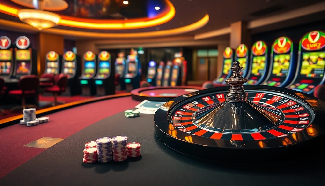 Players engaging at the CM88 nhà cái casino table with vibrant poker chips and dynamic roulette wheel.