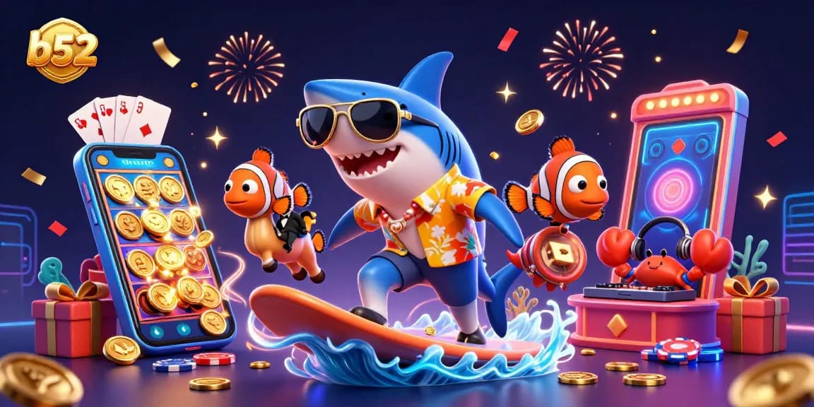 Experience the thrill of b52 with a vibrant 3D casino scene featuring dynamic characters and gaming elements.