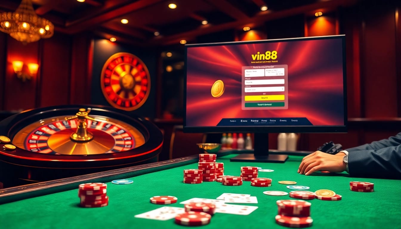 Exciting casino registration scene featuring vin88 đăng ký with poker chips and vibrant roulette wheel.