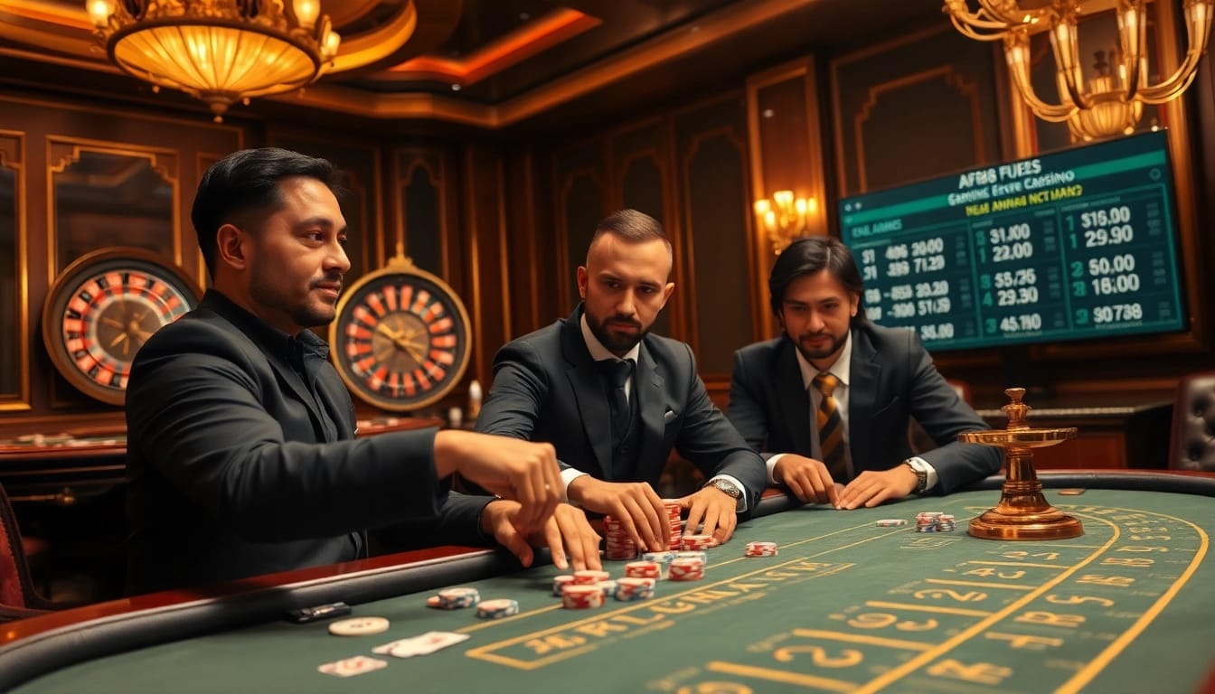 AF88 players engaging in a thrilling casino poker game with vibrant chips and an exciting atmosphere.