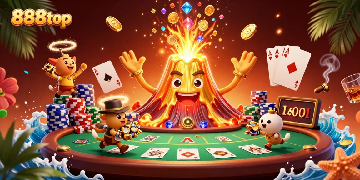 Elevate your gaming experience with 888top's explosive treasure volcano and vibrant poker scene.