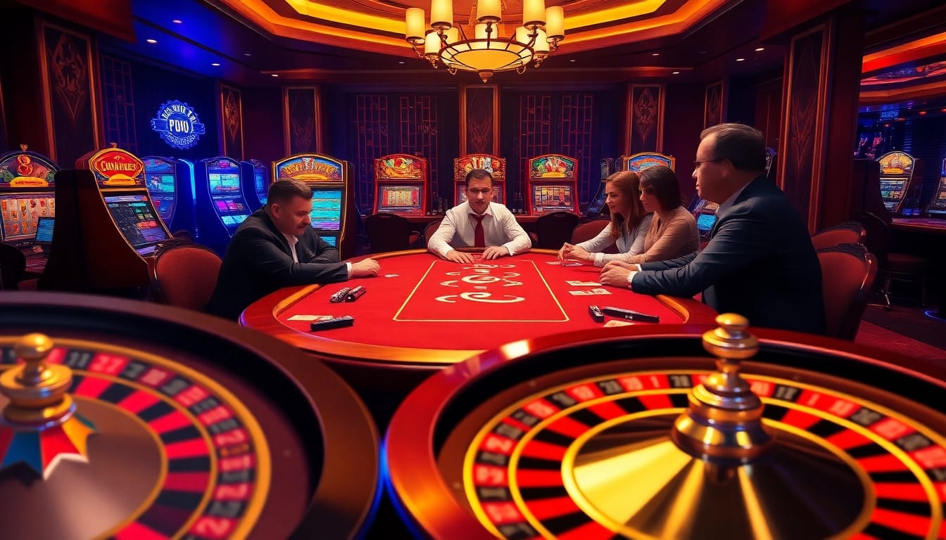 Experience the thrill of gaming at https://jun88sr.com/ with players strategizing at a luxurious poker table.