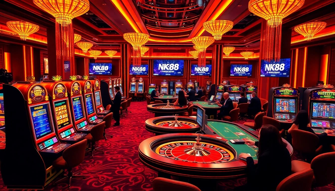 Experience the thrill of gambling at NK88 with luxurious casino tables and eager players.