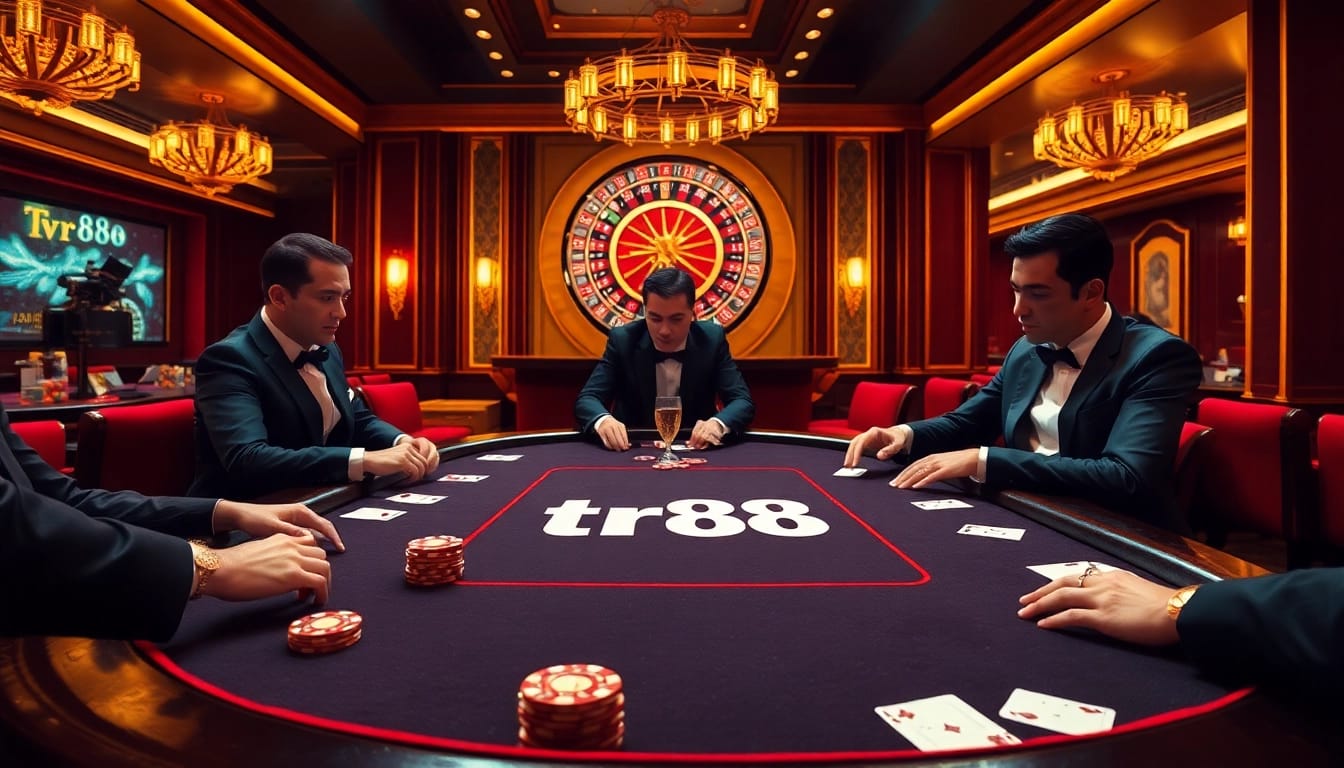 Experience thrilling gameplay with tr88 at a luxurious poker table featuring vibrant cards and chips.