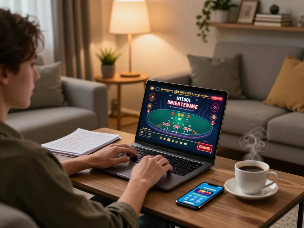 Player engaging in online betting on bet88 from a cozy home setup with strategy notes and warm lighting.