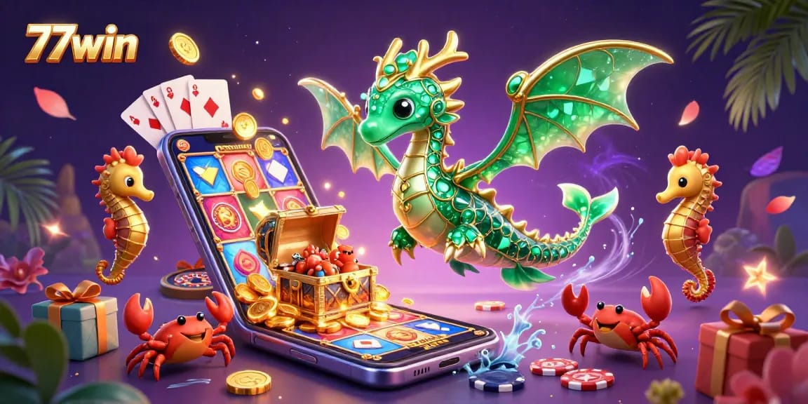 Experience the thrill of 77win casino games with vibrant dragons and dynamic slot visuals.