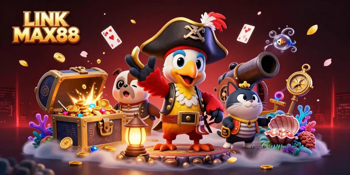 Engage in vibrant casino gaming with LINK MAX88 showcased in a colorful 3D pirate-themed illustration.