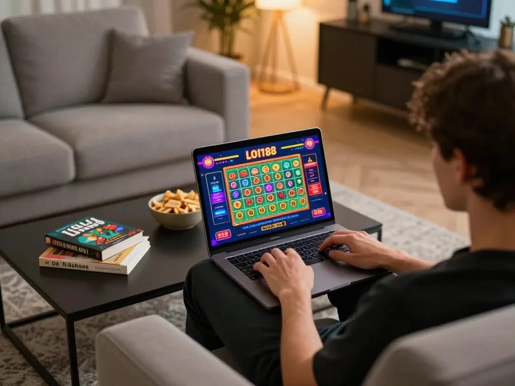 Engaging scene of a player using loto188 on a laptop, preparing to place a bet in a comfortable home setting