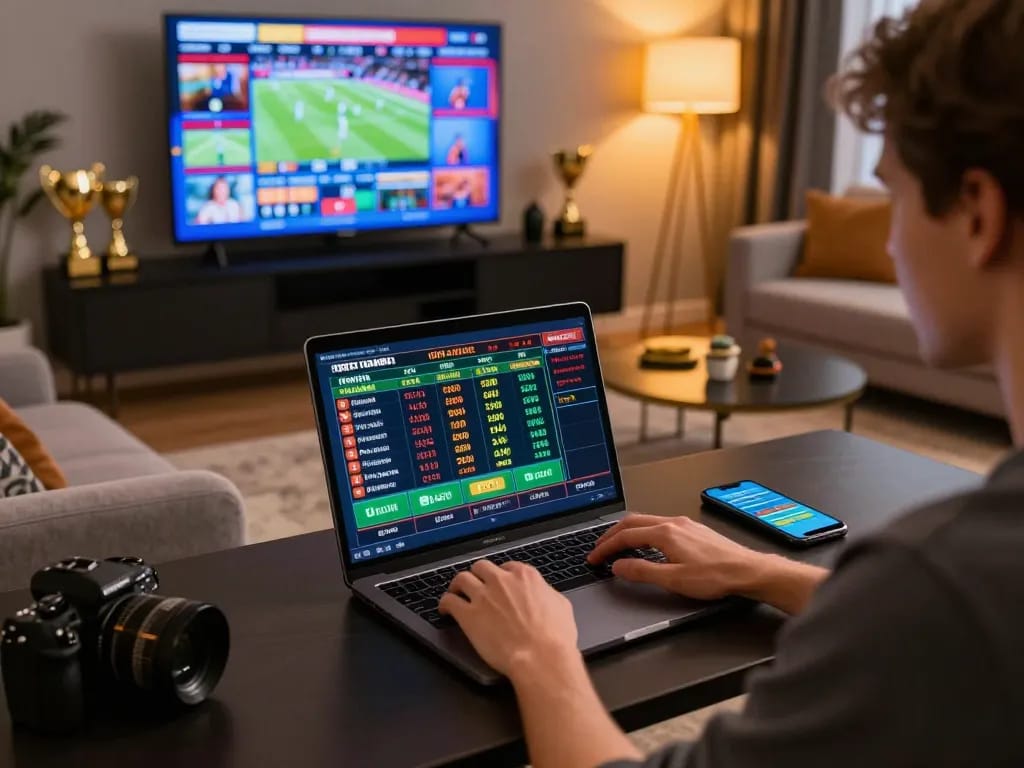 Engaging scene of sports betting at home using a laptop for site Australia, capturing excitement of online gaming session