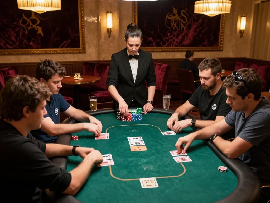 Engaging poker players at a luxurious table, showing strategic gameplay at trang chủ bl555 with vibrant chips.