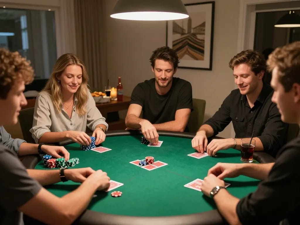 Red88 poker night with friends enjoying a thrilling game around a vibrant felt table