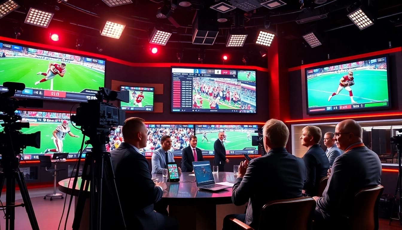 Engaging scene of sports broadcasting featuring diverse analysts in a dynamic studio.