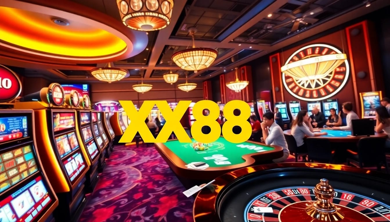 Exciting scene of XX88 online casino with vibrant slot machines, poker tables, and roulette wheel.