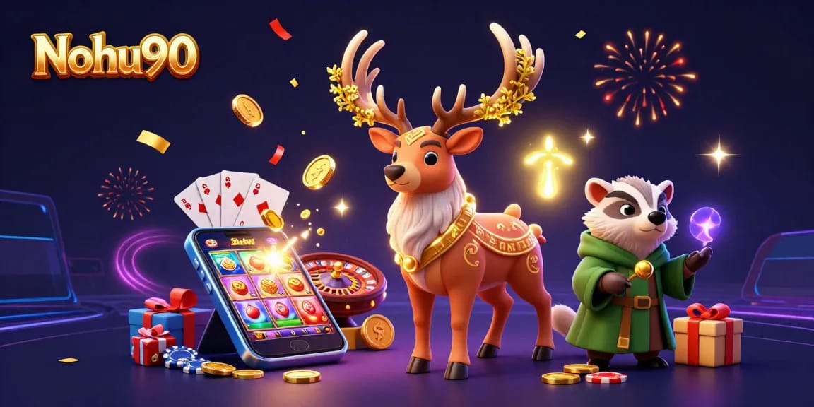 Nohu90 offers vibrant gameplay opportunities with colorful slots and jackpot chances, highlighted in a festive 3D illustration.