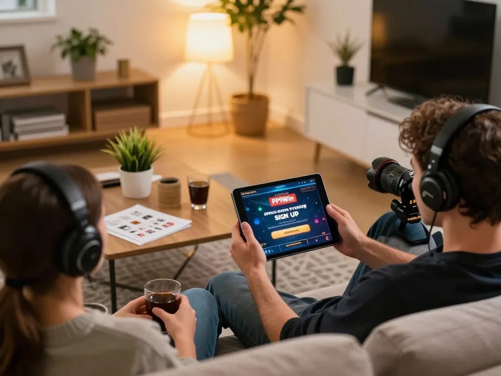 Engaging in the PP9Win Sign up process from the comfort of home with a tablet in a cozy living room