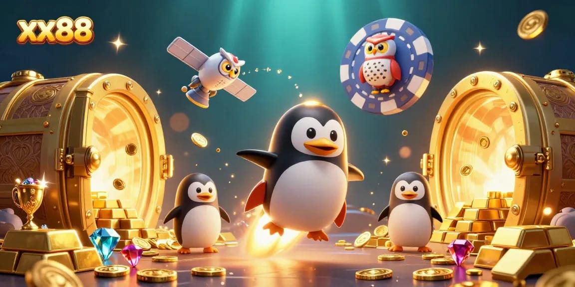 Experience gaming excitement at xx88 with a golden penguin racing through a vibrant casino universe.
