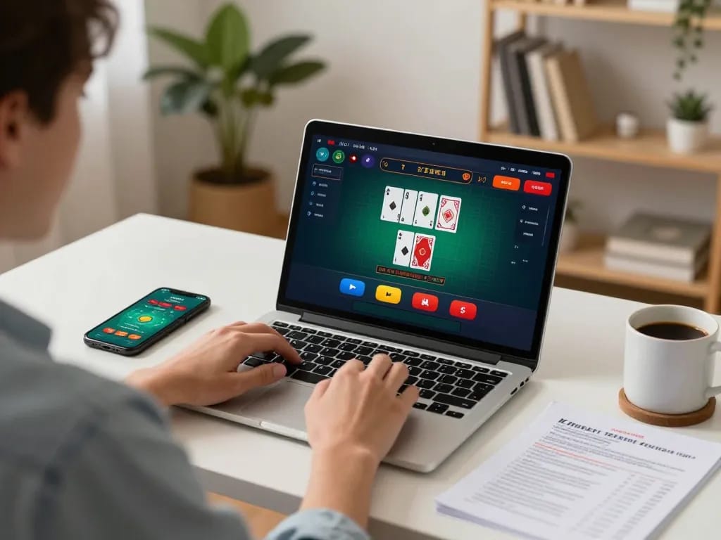 Engaging in online casino gameplay on a laptop at home, showcasing nhà cái rr88 seamlessly integrated into a cozy setting.