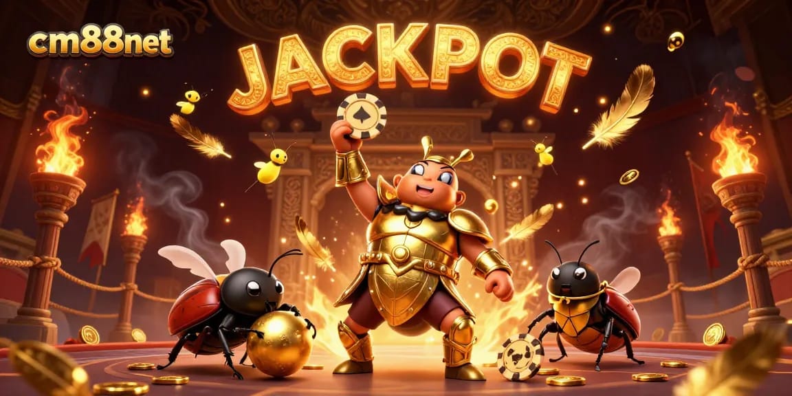 Experience thrilling wins with the cm88net brand showcasing a victorious beetle in a vibrant casino arena.