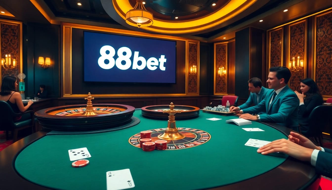 Engaging casino scene featuring 88bet logo with players at poker table and roulette.