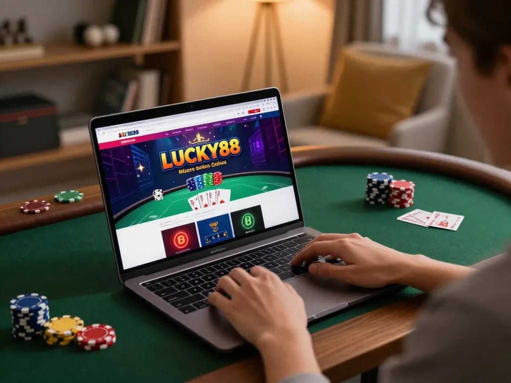 Player enjoying LUCKY88 online casino gaming on a laptop in a cozy home environment.