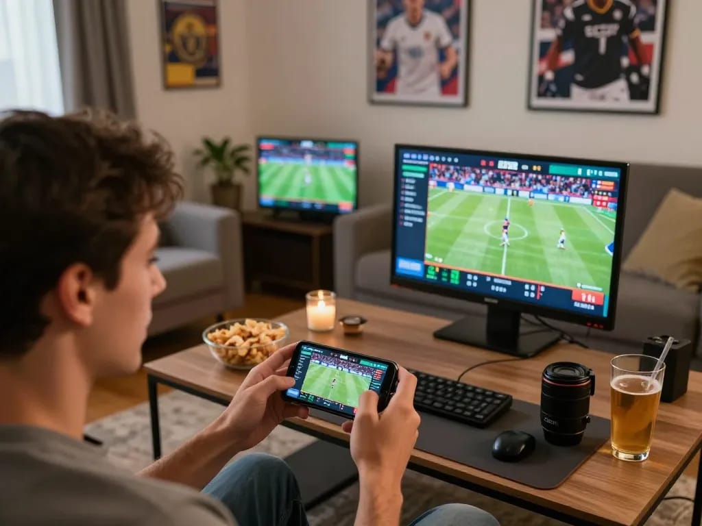 Person placing live sports bets on tr88 app in a cozy home setting with vibrant sports decor.