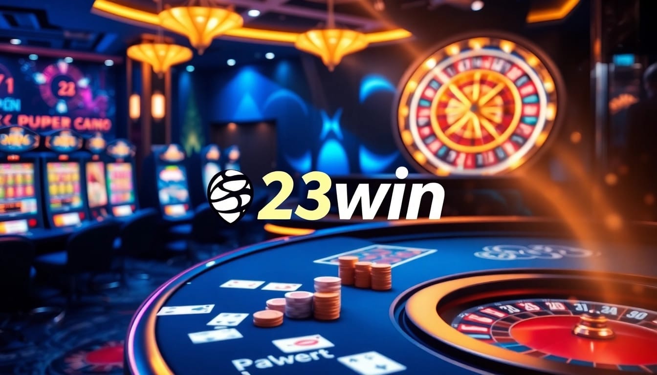 Experience thrilling moments at 23win with luxurious casino tables and vibrant gaming elements.