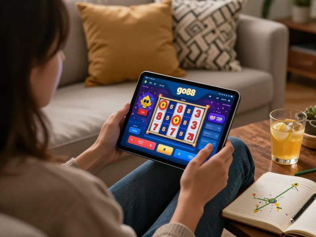 Engaging gameplay on the go88 app features exciting slot reels in a cozy home setting.