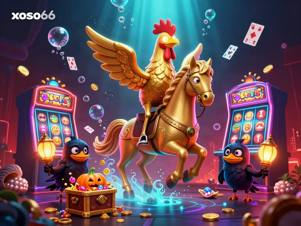 Experience xoso66 with a golden rooster and magical casino elements in a vibrant 3D illustration.