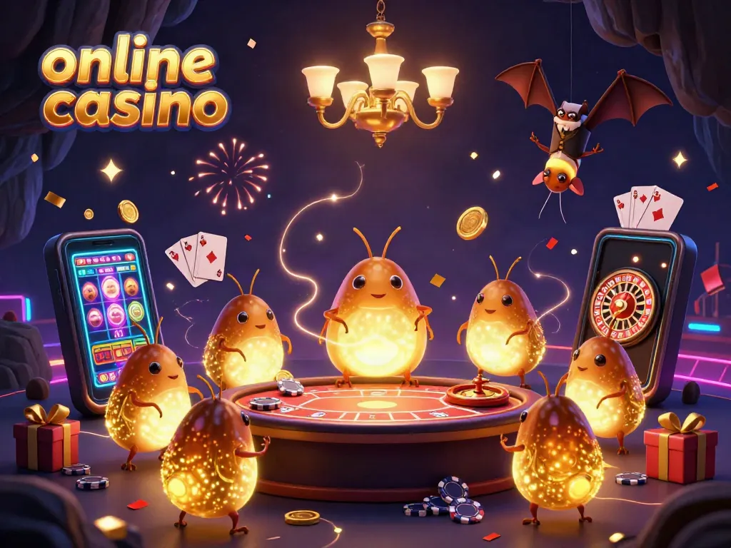 Engage in the vibrant online casino experience featuring glowworms lighting a cave, and a bat dealer in action.
