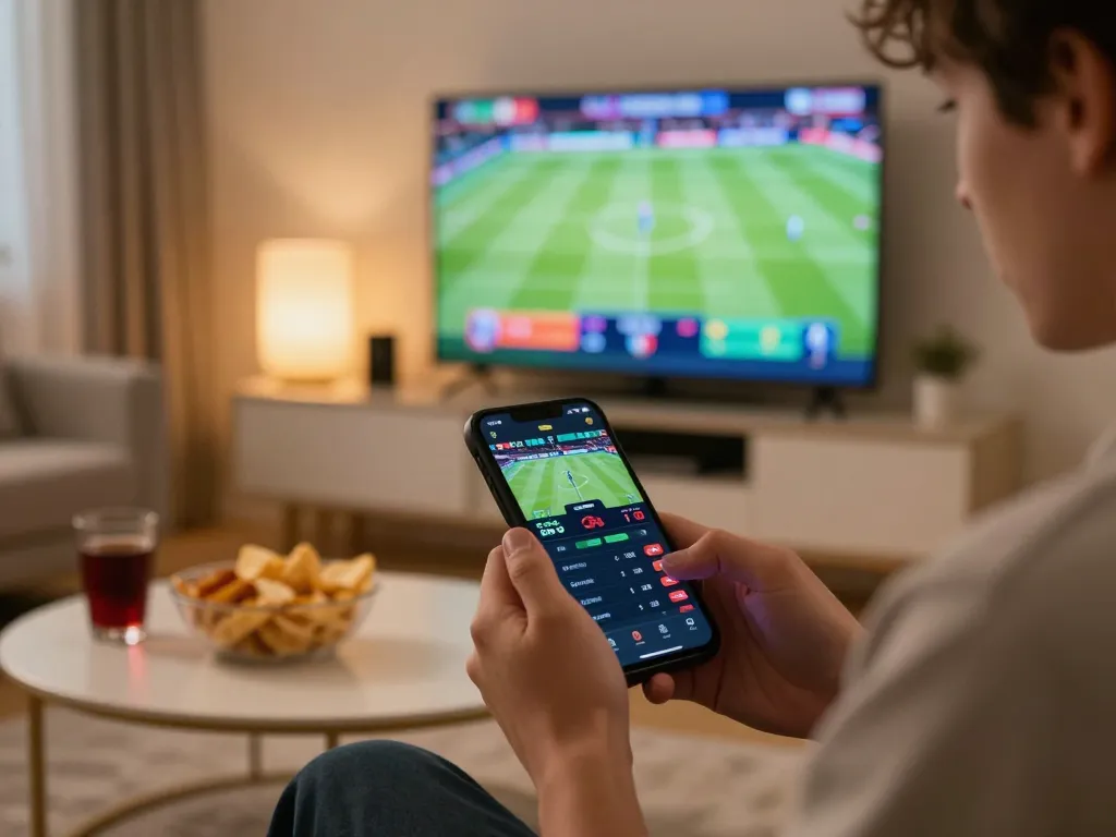Experience the excitement of sports betting on 11bet through a smartphone in a cozy home setting.